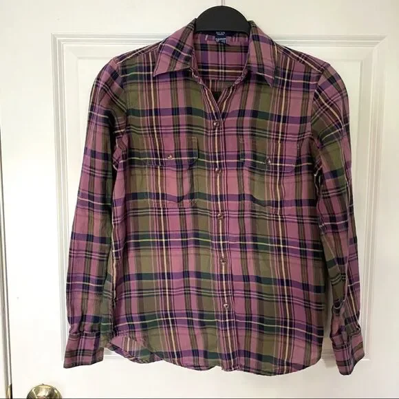 Chaps Plaid Button Down Blouse with Double pockets - Picture 1 of 4